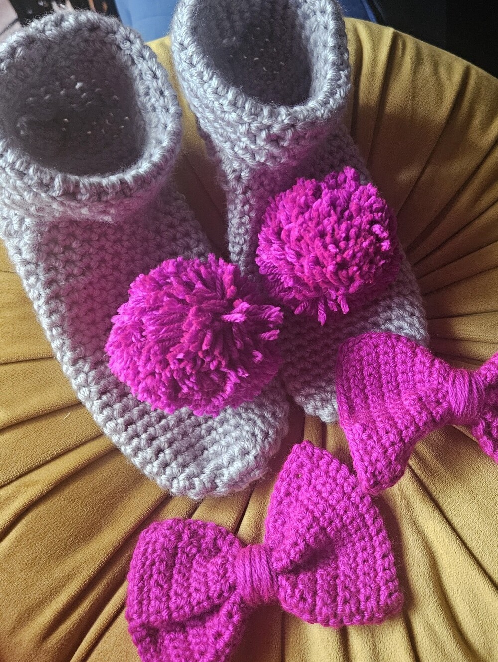 Handmade Crochet Slippers 8/8.5 ● Ready to Ship Custom Pom-Poms & Bows